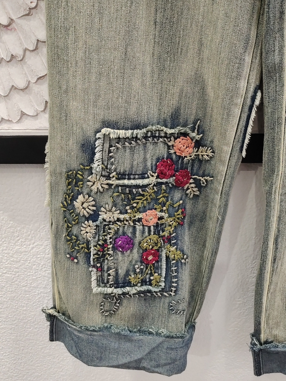 Boho Patchwork Embroidered Light Vintage Wash Jeans - Picture 5 of 9